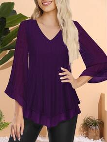 CheersLife Women's Elegant V-Neck Double-Layer Elastic Mesh Casual Flowy Work Blouse With Ruffle Trim, 3/4 Bell Sleeves And Waist Cinching Design - Violet Purple - View 3