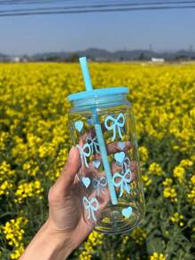 1pc 16oz Plastic Water Bottle With Bow Print, Comes With Reusable Colored Straws, Suitable For Storing Ice Cubes, Juice, Coffee, Water, Ideal Gift For Sisters And Friends. Available In Multiple Colors, Can Be Used As Car Cup, Office Coffee Cup, Daily Water Cup, And Valentine's Day Gift. - Multicolor - View 12