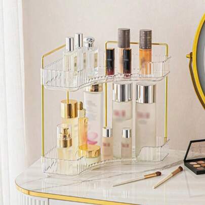 1个两层或三层转角化妆品收纳架，方形浴室台面收纳架，PET大容量化妆品储物盒，适用于化妆品、香水、护肤品、口红等。