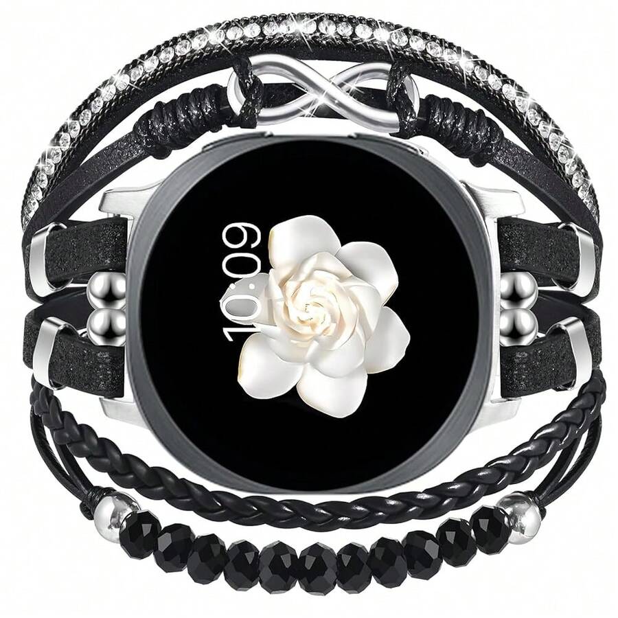 Boho Leather Bracelet For Samsung Galaxy Watch 8/7/6/5/4 Band 40mm 44mm Women, 20mm Handmade Multilayer Beaded Watch Bands For Watch 8 6 Classic 43mm/Watch 5 Pro/Watch4 Classic 42mm/Galaxy Active 2 - Infinite8-黑色 - 查看 1