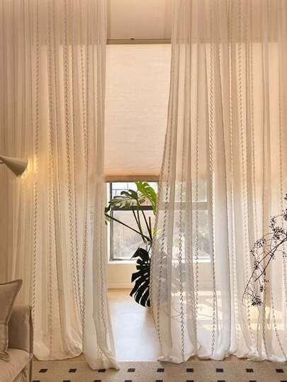 1 pieza Cortina de lino blanco transparente con rayas verticales y borlas, adecuada para sala de estar, balcón, estudio, estilo japonés