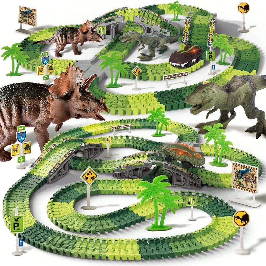 Dinosaur Toys,Create A Dinosaur World Road Race,Flexible Track Playset And 2 Pcs Cool Dinosaur Car For 3 4 5 6 Year & Up Old Boy Girls Best Gift - màu xanh lá - Xem 1