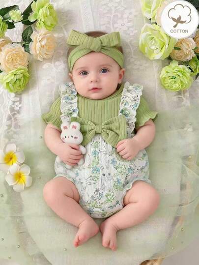 New Green Short Sleeve Bow Patchwork Cartoon Print Bodysuit & Headband Set, Suitable For Everyday Outings