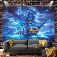 Tapeçaria de Paisagem Oceânica Legal com Navio Pirata, Decoração de Parede, Poliéster 37*28 Polegadas, Tapeçaria para Quarto, Dormitório, Decoração, Presentes para Você e Seus Amigos, Acessórios Incluídos - Navio Pirata - Visão 9