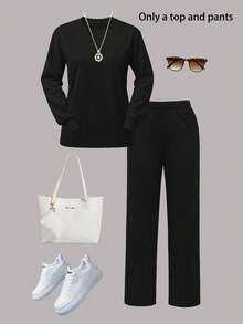 Women's Casual Sports Set, Crew Neck Long Sleeve Sweatshirt Paired With Pocket Wide Leg Straight Pants, 2 Pieces Outfit - Black - View 3