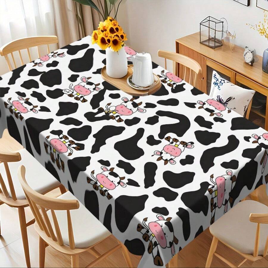 Toalha de mesa retangular de poliéster com estampa de vaca e animais de fazenda, ideal para piqueniques, decoração de festas e itens essenciais para decoração de feriados. - Multicolorido - Ver 1