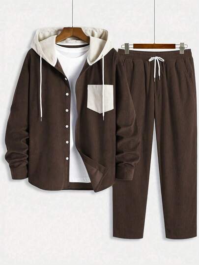 2 件/套男士灯芯绒面料连帽夹克，撞色纽扣，抽绳，斜插口袋设计，休闲，时尚，校园风格，适合日常穿着、通勤、百搭、春季、秋季、冬季