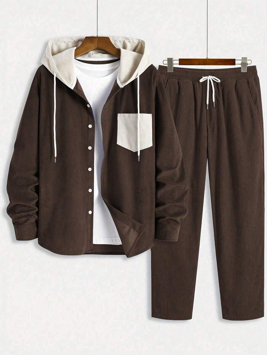 2 件/套男士灯芯绒面料连帽夹克，撞色纽扣，抽绳，斜插口袋设计，休闲，时尚，校园风格，适合日常穿着、通勤、百搭、春季、秋季、冬季 - 咖啡棕 - 查看 1