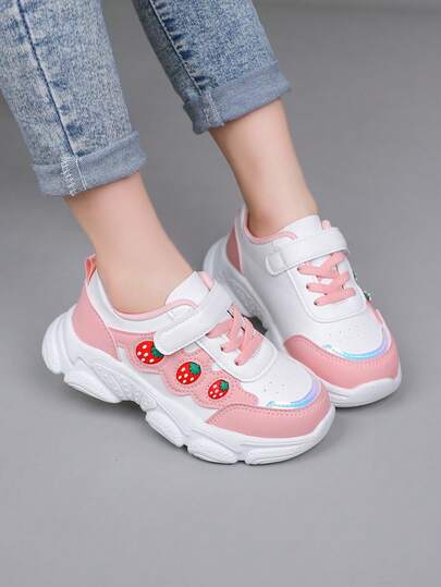 2025 Spring/Autumn New Korean Style Girls Strawberry Platform Sneakers, Children's Thick Sole White Casual Shoes, Chunky Sneakers