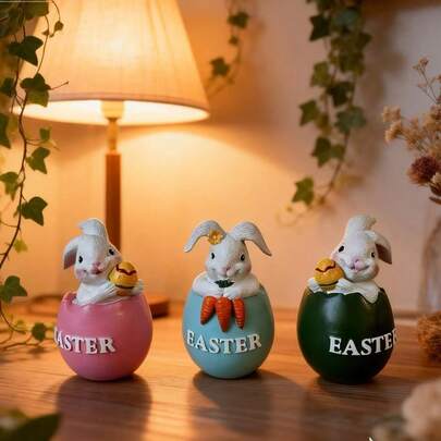 1pc Resin Cartoon Rabbit Easter Egg Decor, No Accessories, Suitable For Easter Decorations, Gifts, Home Decor, Desktop Ornaments, Paper Box Packaging