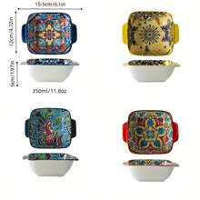 1pc Bohemian Style Set. Rectangular Double Handle Bowl Suitable For Salad, Snacks, Baking, Oven & Microwave - Multicolor - View 7