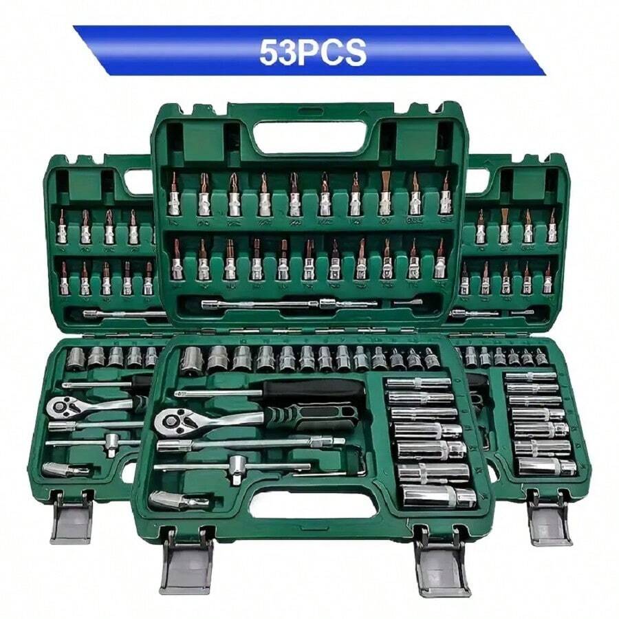 46件套汽车维修工具套装 - 铁质，可折叠收纳盒，便携式汽车套筒扳手套装 - 黑色 - 查看 1