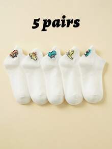 5双装卡通恐龙透气儿童袜，白色短袜，男童袜，网眼袜，适合春夏日常穿着 - 彩色 - 查看 1