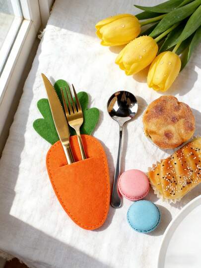 1 pieza Soporte para cubiertos en forma de zanahoria de Pascua, bolsa de fieltro linda para cubiertos para decoración de mesa de fiesta de primavera, organizador reutilizable de utensilios, relleno a granel para canasta de Pascua, decoración central de la mesa del comedor