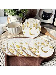 金色斋月 - 6 件套圆形木质杯垫，桌面保护垫，乔迁礼物，生日礼物，开斋节礼物，餐具保护垫，厨房用品，节日家居装饰，家居装饰 - 彩色 - 查看 5