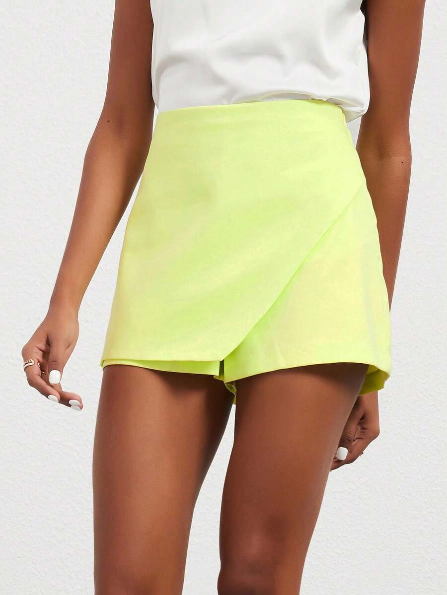 Se-Helo Fashion Casual Versatile Solid Color Asymmetrical Skirt Shorts - Neon Yellow Green Summer - Fluorescent Yellow-green - View 1