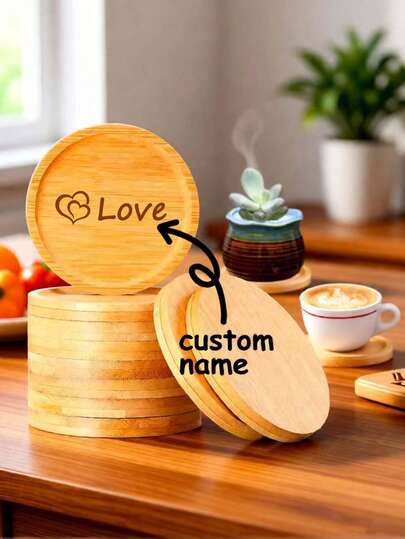 1pc Personalized Coaster, Can Print Your Name, Exclusive Family Member Coaster, Round Wooden Coaster, Tableware Insulation Pad, Cup Accessories, Geometric Shape, Multiple Styles Available, Essential For Family Gatherings, Personalized Kitchen & Dining Accessories, Great Gift For Thanksgiving, Valentine's Day, New Year, Mother's Day, Father's Day