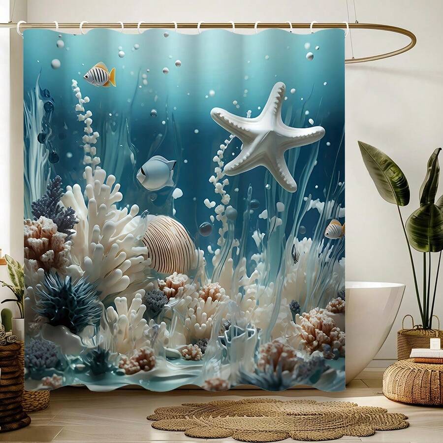 1pc/3pcs/4pcs Starfish Pattern Bathroom Set, Creative Decorative Bathroom Set, Toilet Seat Cover Bath Mat Set, Modern Solid Color Shower Curtain, Suitable For Bathroom Decor, General Room Decor, Home Decor Set, Bathroom Accessories Shower Curtain Toilet Mat Curtain Set - Multicolor - View 1