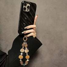奢华高端棕色毛球水晶串珠手提包链、腕带、短挂绳、贝壳汽车钥匙链、手机挂绳 - 彩色 - 查看 4