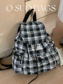 1pc Fashionable Plaid Multi-Pocket Nylon Casual Backpack, Waterproof, Lightweight, Foldable, Drawstring, Patch Letter, Travel Bag - Black and White - View 9