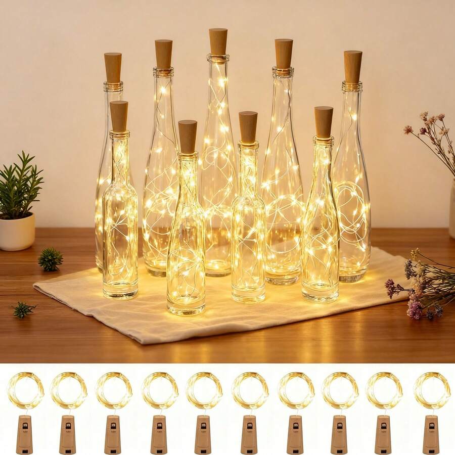1/3/5/10件裝紅酒瓶燈附軟木塞－迷你防水電池供電仙女燈，銀色燈線迷你仙女燈，適用於酒瓶、DIY派對、酒吧、聖誕裝飾房、感恩節、婚禮裝飾房、裝飾燈串、萬聖節裝飾