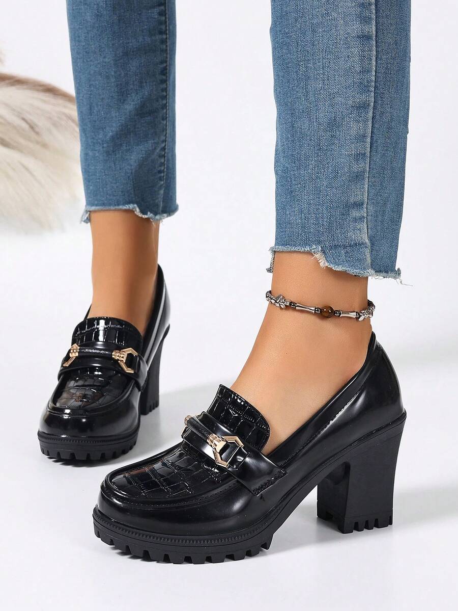 Women's Thick Heel Chain Decor Breathable High Heel Pumps, Elegant Business Style Platform Heels - 211-1 Black - View 1