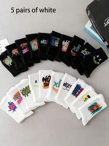 5/10 Pairs Spring/Summer Unisex Mixed Black & White Graffiti Street Style Casual Crew Socks, Simple Fashion Versatile Sweat-Absorbent Breathable Mid-Calf Socks For Couples - Multicolor - View 9
