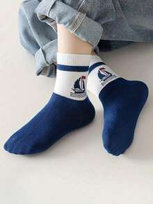 5 Pairs Spring New Ocean Theme Patterned Mid-Calf Socks, Cartoon Sailboat Print, Navy Blue, Suitable For Men, All Seasons - Multicolor - View 5