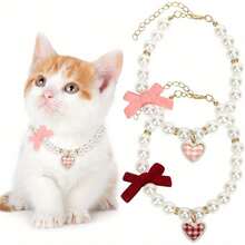 1 Piece Dog Cat Pearl Collar, Heart Pendant Pet Necklace Cute Girl Dog Collar With Bow Adjustable Wedding Pet Jewelry Accessories, Suitable For Small Dogs And Cats - Pink - View 2