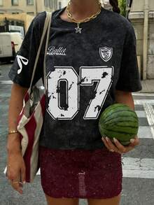 夏季新款简约时尚设计 07 印花扎染圆领短袖T恤，百搭休闲女装 - 黑色 - 查看 3