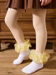 1 par de calcetines cortos de algodón con volantes y estampado floral grande para niñas, calcetines elegantes de estilo princesa para atuendos de fiesta - Amarillo - Ver 5