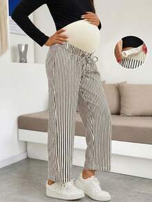 孕妇撞色条纹抽绳腰宽松休闲裤，适合度假和居家穿着，春夏秋季 (JH25124) - 黑色 - 查看 3