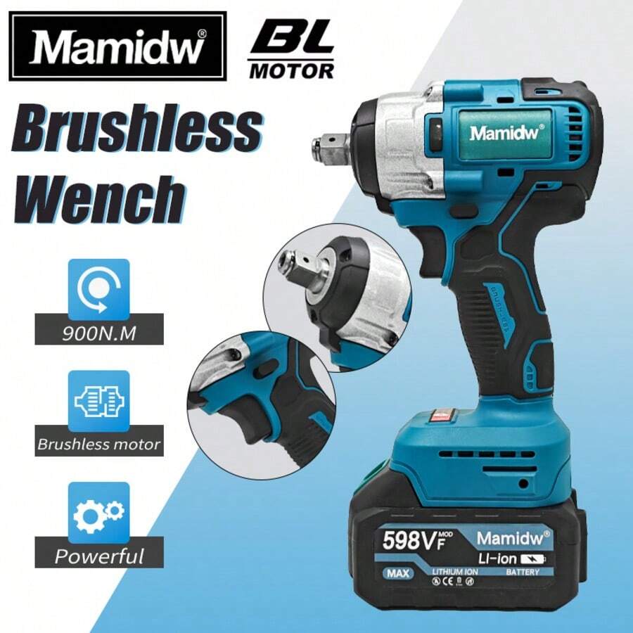 Mamidw 900N.M Cordless Impact Wrench, Electric Wrench Screwdriver, High Torque Car Repair Power Tools, Electric Screwdriver Bits (Tools Only) For Makita 18v Battery PIN - Blue - View 1