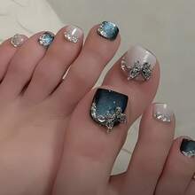 A Set Of 24 Shiny Artificial Toenails, Blue Tones, With Butterflies And Rhinestones, Reusable Women - 藍色蝴蝶閃耀鑽石 - 查看 2