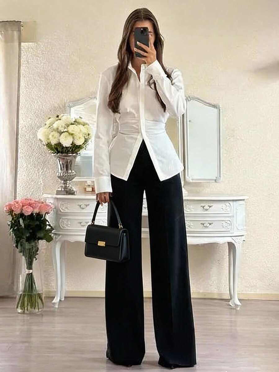 Áo sơ mi dài tay màu trắng, kiểu dáng thanh lịch, tối giản kiểu Pháp, cài một hàng khuy, có thắt lưng xếp ly, thích hợp cho nữ, phù hợp cho mùa xuân/hè. - trắng - Xem 1