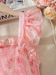 Tween Girls Elegant Cap Sleeve Mesh Chiffon Cable Knit Dress - Pink - View 3