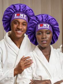 Couple's Half-Printed Beanie Hat, Printed With "I Love My Girlfriend/Boyfriend", Black Wide-Brimmed Satin Basic Beanie, Valentine's Day Gift