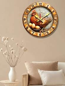 Relógio de Parede de Madeira Rústico Estilo Fazenda com Design de Galinha e Ovo - Silencioso, Operado a Bateria (AA não incluída) - Perfeito para Sala de Estar, Decoração de Cozinha - Multicolorido - Visão 3