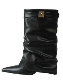 Luxury Women's Padlock Ankle Boots Fold Over Wedge Heel Booties Wide-Calf Short Shoes - Black - View 5