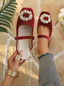 女士水钻方头玛丽珍拖鞋，休闲一脚蹬凉鞋，百搭优雅，春夏款 - 紅色 - 查看 1