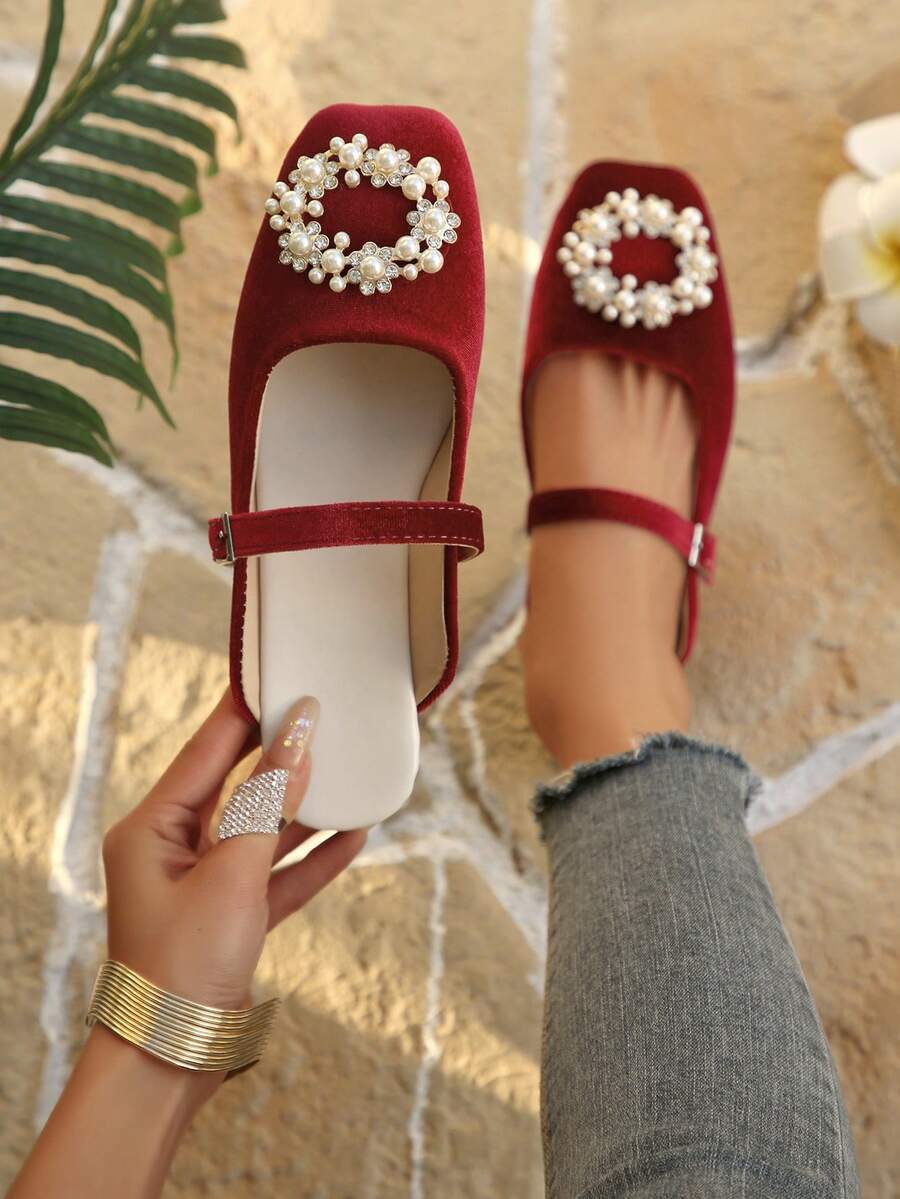 女士水钻方头玛丽珍拖鞋，休闲一脚蹬凉鞋，百搭优雅，春夏款 - 紅色 - 查看 1
