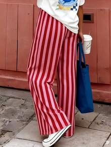 Autumn Holiday , Autumn/Winter Series, Street Style, Versatile, Retro Autumn , Lightweight Pants, Standalone Pants, Holiday , Bohemian Style, Contrast Striped Pattern, Pink Casual Wear, Pocket Drawstring Design, Comfortable Casual, Elegant Romantic, Urban Chic Women's Casual Pants - Pink - View 6