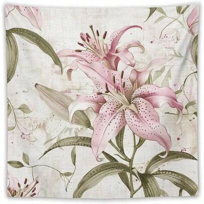 1件粉色百合花卉挂毯，热带树叶挂毯，优雅风景卧室墙面装饰