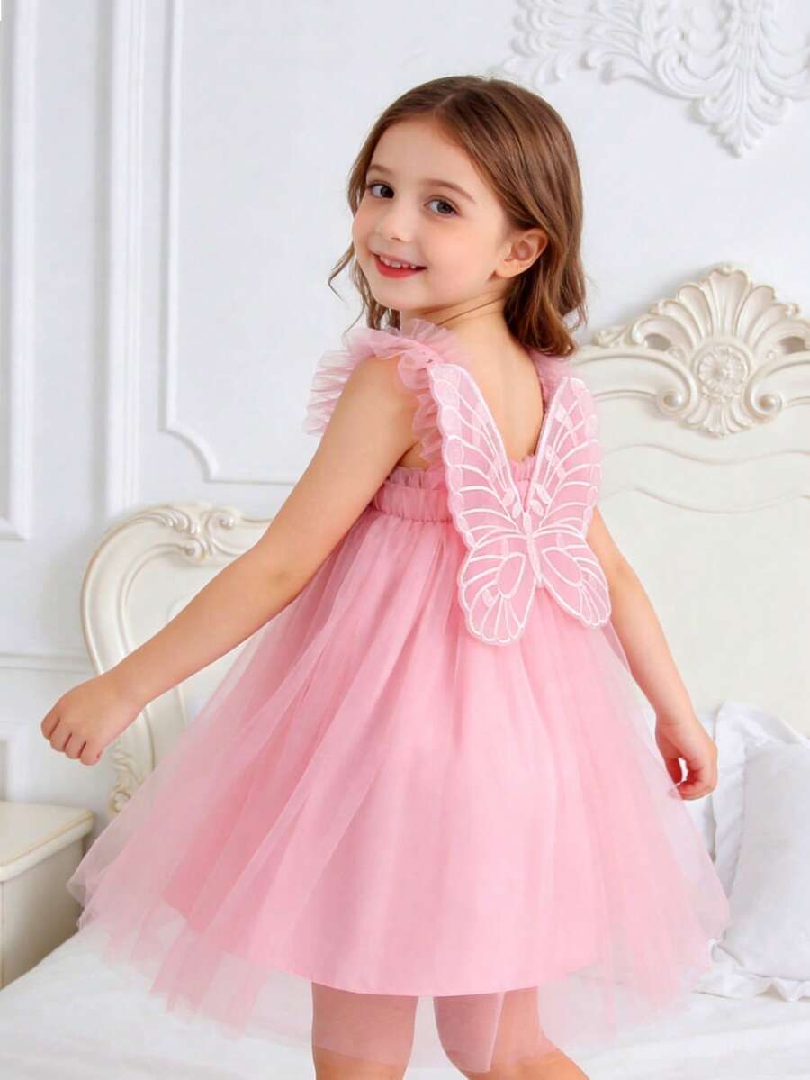 1 件年轻女孩可爱优雅公主蝴蝶装饰分层薄纱吊带 A 字裙，甜美，适合派对/正式场合、生日/节日/度假，适合所有季节
