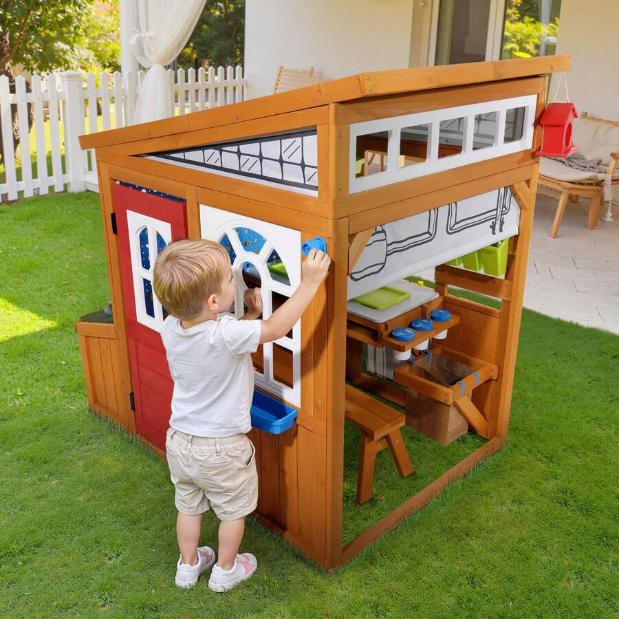 Outdoor Playhouse, Cedar Wooden Kids Playhouse With Bird Nest, Doorbell, Trash Bin, Gravity Wall Set, Storage Pocket, Windowsill, Wooden Kids Cottage For Aged 3 To 10, Rounded Corners - 3-4m³ - 查看 1