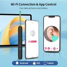 NATFIRE 这款无线智能洁耳器配备摄像头、耳垢清除功能、WiFi连接、6颗LED灯和5个硅胶耳勺，兼容、iPad和安卓设备。它适合居家清洁、旅行、婚礼、派对、生日等场合，也是送给父母和朋友的趣味新年礼物。