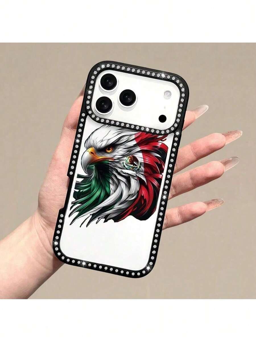 Étui de téléphone avec diamants double face représentant l'aigle mexicain, compatible avec les modèles 17/17 Air/17 Pro/17 Pro Max, 16/16 Plus/16 Pro/16 Pro Max, 15/15 Plus/15 Pro/15 Pro Max, 13/12/11/8/7/XR/XS/XS Max, étui de téléphone avec diamants, double face - Noir - Voir 1