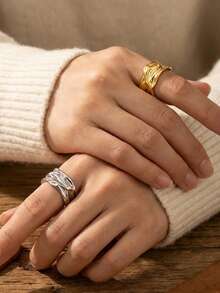 1pc Gold And Silver Tone Textured Cuff Rings Set For Women, Asymmetric Molten Wavy Wide Band Open Adjustable Rings, Chunky Statement Aesthetic Jewelry Gift - Multicolor - View 3