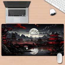 日式风格桌垫，河畔月光桌垫，大号黑红鼠标垫，游戏鼠标垫，超大尺寸 35.4 x 15.7 英寸键盘垫，笔记本电脑鼠标键盘垫，办公桌装饰，返校季游戏鼠标垫，办公桌配件，办公用品，办公桌配件，办公桌鼠标垫 - 彩色 - 查看 1
