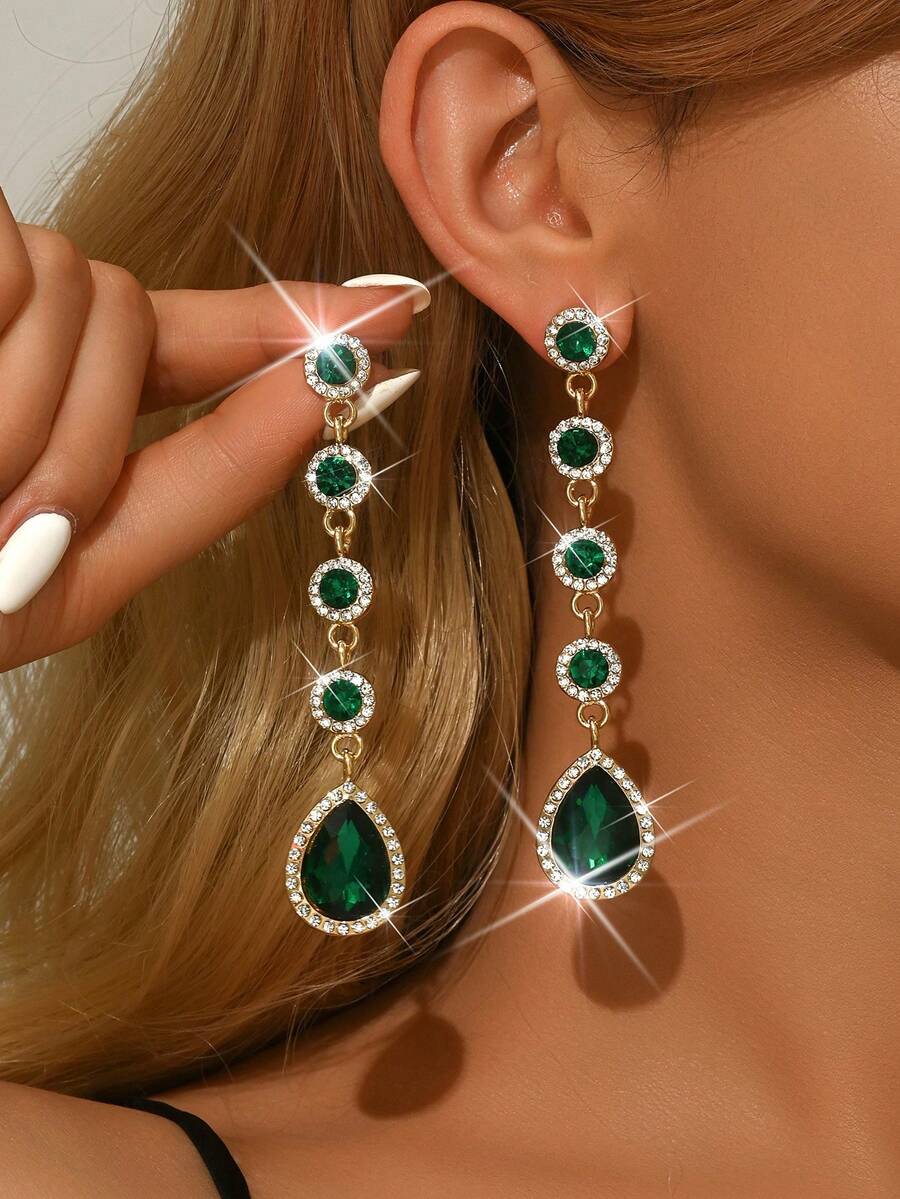 1对白色、绿色、红色、蓝色、黑色水钻装饰耳环，时尚大水滴形水晶吊坠耳环，适合女性、女孩、新娘、伴娘、婚礼派对、舞会、选美比赛等场合佩戴。 - 1512耳環 - 查看 1